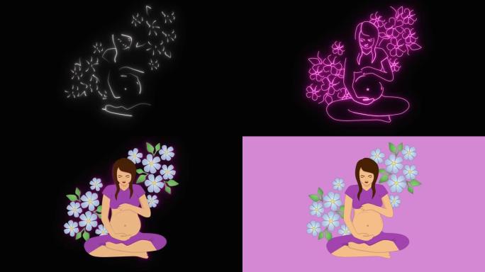 发光的霓虹灯在紫色背景上形成怀孕的黑发白人妇女的2d动画，周围是蓝色的嫩花。产妇，怀孕，保健，生活方