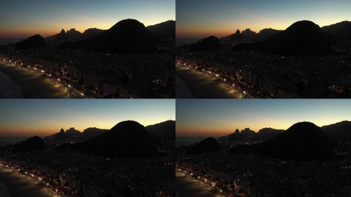 里约热内卢日落时科帕卡巴纳海滩的鸟瞰图
