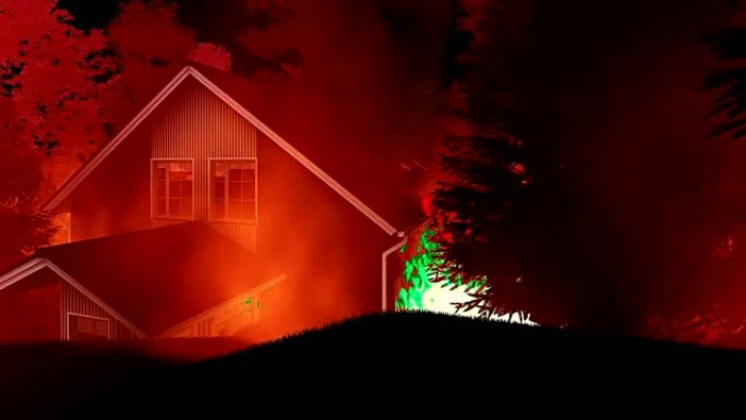美国房屋周围的森林大火