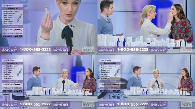 美国商业广告蒙太奇: 女人在与商业广告节目的男主持人交谈时，将化妆品系列的唇膏放在女性模特的嘴唇上