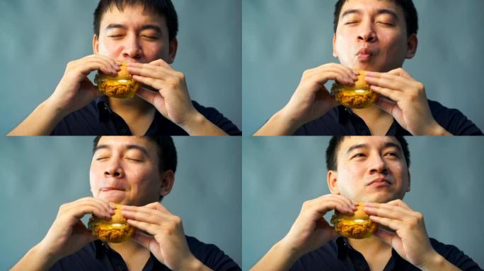 胖子正在吃汉堡包。很高兴