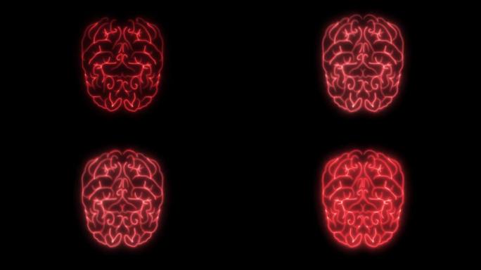 2D动画，闪烁的霓虹灯形成人脑结构。黑色背景上显示神经网络的红线。智力、内脏、医学、解剖学的概念。