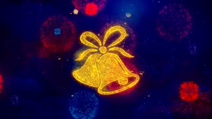 彩色烟花颗粒上的圣诞丝带蝴蝶结铃铛图标符号。
