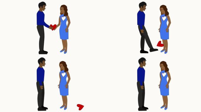 2D动画，非裔美国女人给男人的心，他用腿扔掉了。关系，心碎，抑郁。