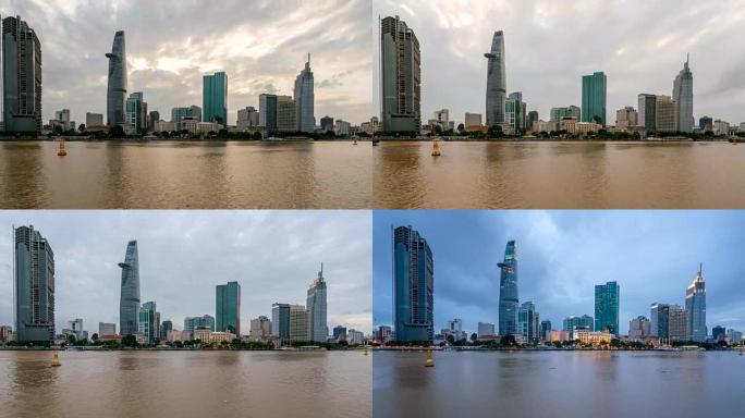 胡志明市市中心中心商业中心的胡志明市天际线和摩天大楼的延时。越南胡志明市西贡河的城市景观从白天到晚上