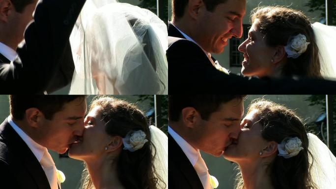 高清: 婚礼之吻外国人结婚掀开头纱婚礼拍