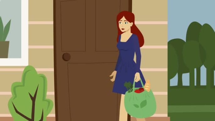 2d动画，黑发高加索女人带着购物袋来到孤独的老太太家。照顾老年女性退休人员的年轻女孩。帮助，帮助，支