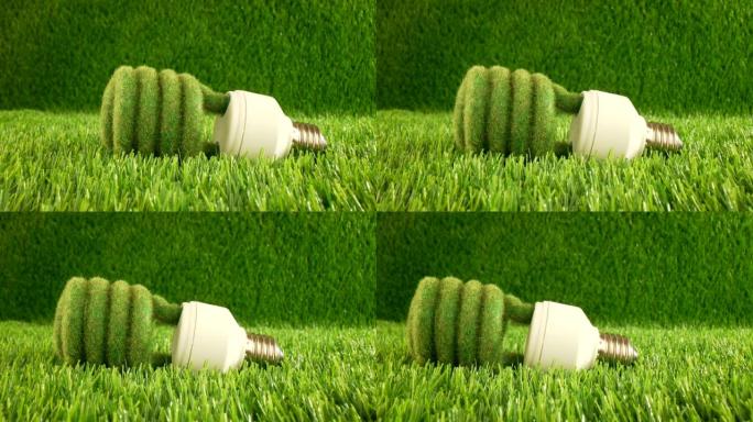 绿色草地上的生态灯泡。生态概念背景
