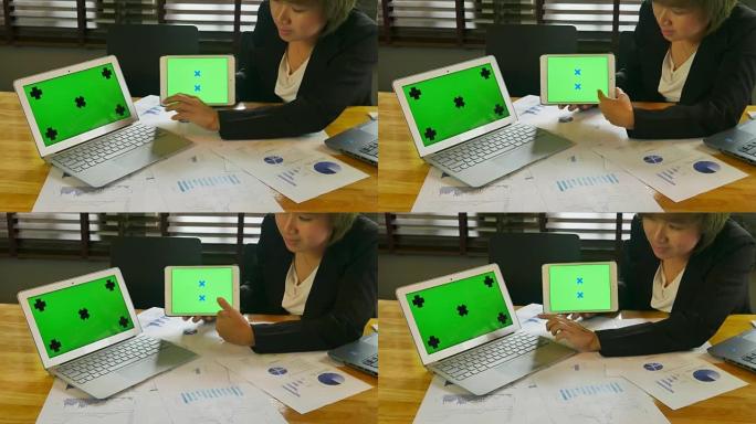 4K: 女商人展示她的数字桌，格力屏幕