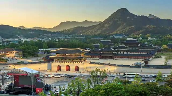 韩国首尔，景福宫和青瓦台从白天到晚上的空中延时