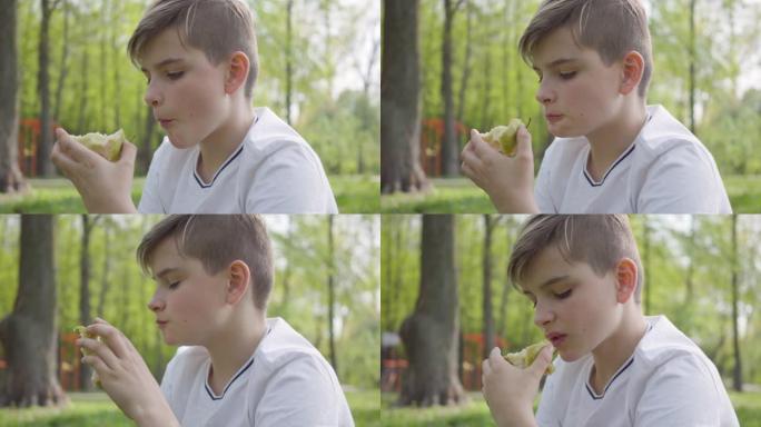 小男孩坐在绿色公园的枕头上，吃苹果。