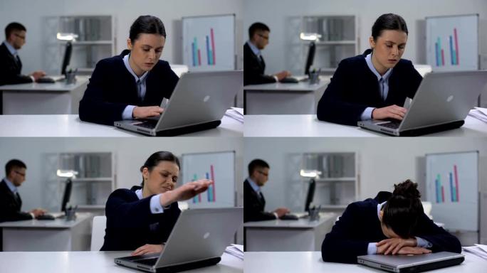 精疲力尽的女经理关闭笔记本电脑，紧张的工作时间表，倦怠