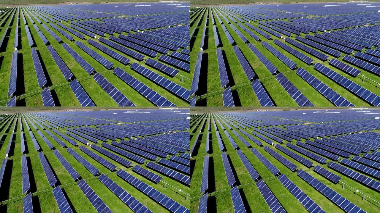 低角度俯瞰清洁可再生发电厂无尽太阳能电池板的地平线