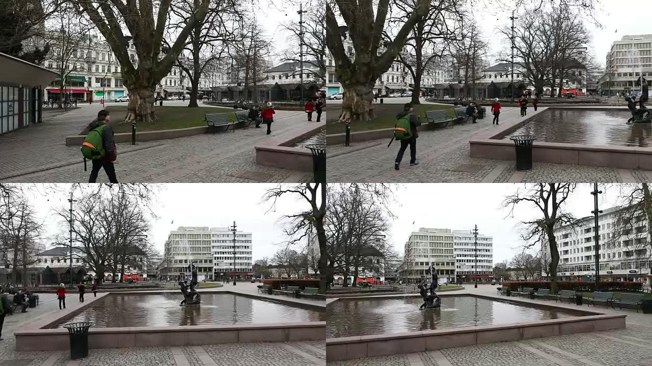 瑞典马尔默市中心广场广场的平移镜头