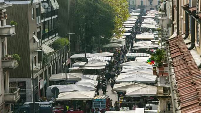 延时: 欧洲米兰的周日市场步行街。