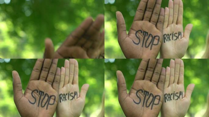 停止写在非裔美国人和白种人手掌上的种族主义文字