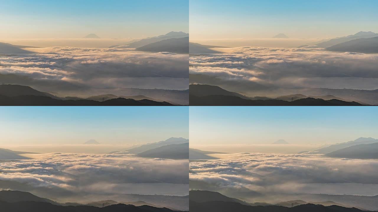 日本清晨与Suwako湖日出Takabochi的空中富士山。