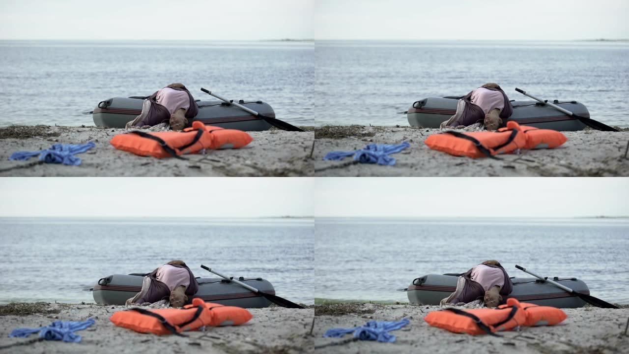 昏迷的女孩躺在海滩附近的船上，溺水的游泳者，沉船受害者