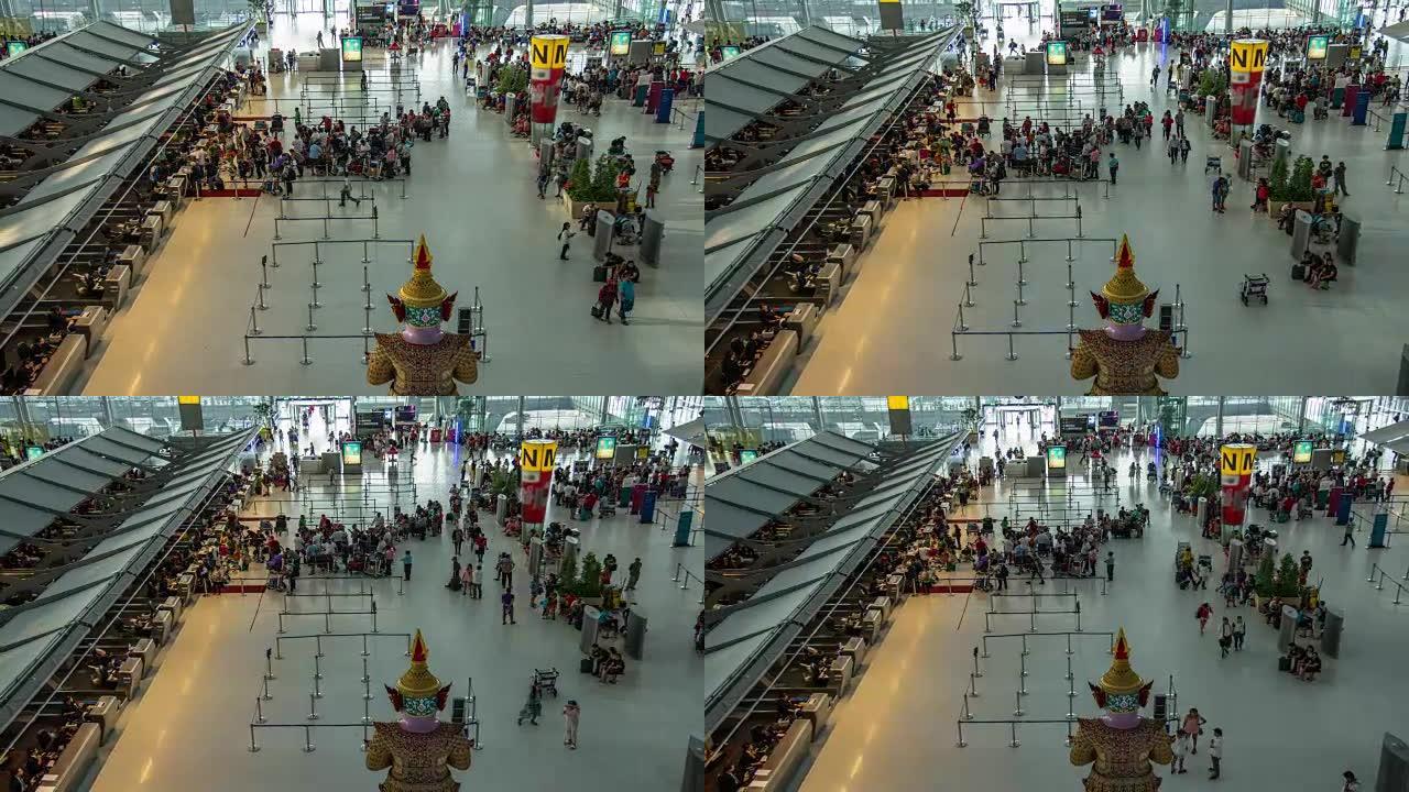 时间流逝: 机场登机区旅客的俯视图