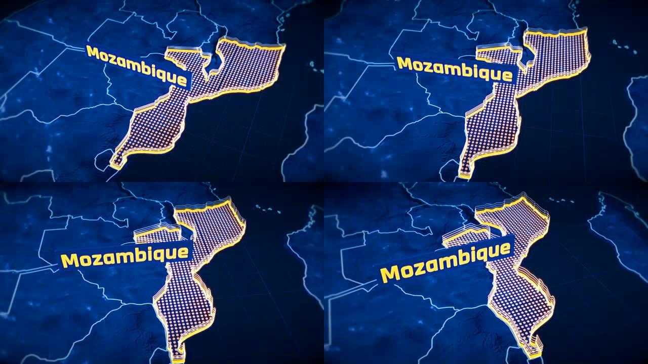 莫桑比克国家边界三维可视化，现代地图轮廓，旅行