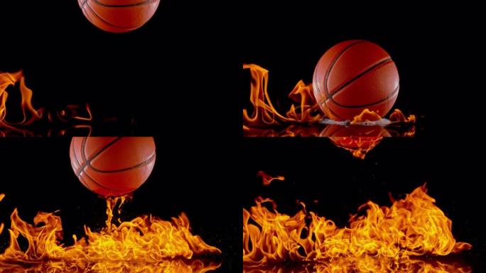 SLO MO LD篮球从黑色表面弹起时会点燃火焰