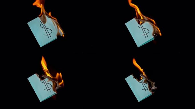 SLO MO LD蓝色纸片上有美元符号着火
