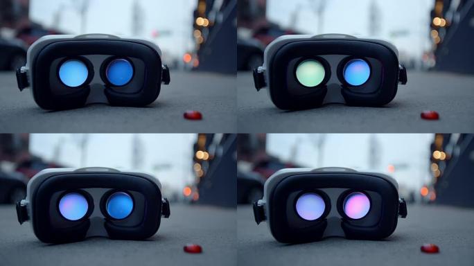虚拟现实耳机谷歌眼镜在人行道上闪烁