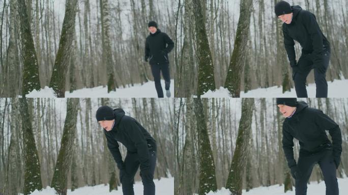 一个年轻人在冬天的森林里晨跑，累了，停下来休息，继续跑。他恢复了体力，克服了乏力，继续奔跑。坚持不懈