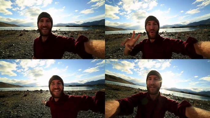 年轻人以壮观的风景拍摄自拍肖像