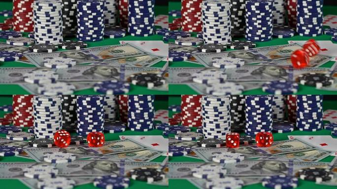 玩家滚动骰子，钱在赌注，尝试运气，赌场背景，赌博