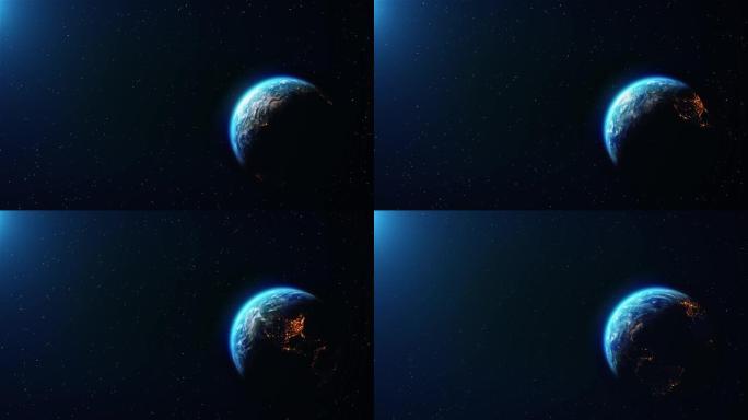 行星循环动画中夜间和白天灯光的蓝色地球空间的特写视图。