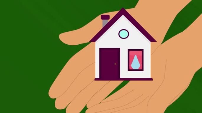 2D动画，高加索人的手打开和抱着房子。窗帘在窗户上摇晃，烟从烟囱里冒出来。房屋所有权，居住的地方。