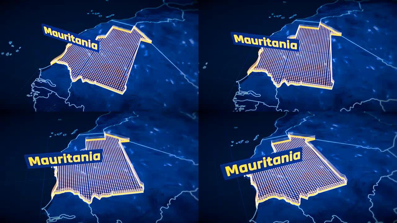 毛里塔尼亚国家边界三维可视化，现代地图轮廓，旅行