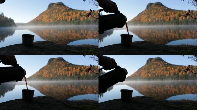 4K UHD人类手在大自然中倒咖啡杯