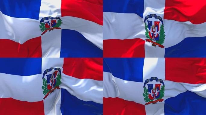 多米尼加国旗迎风飘扬的慢动作动画。4K逼真的织物纹理旗帜平稳吹在一个刮风的日子连续无缝循环背景。