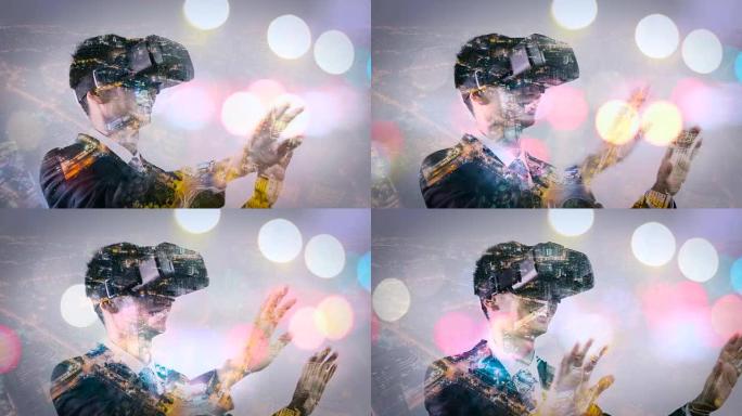 男子戴虚拟现实耳机的双重曝光
