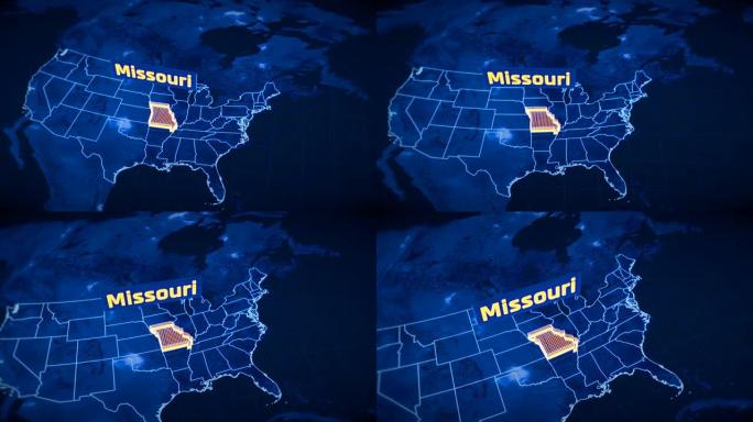 美国密苏里州边界3D可视化，现代地图轮廓，旅行