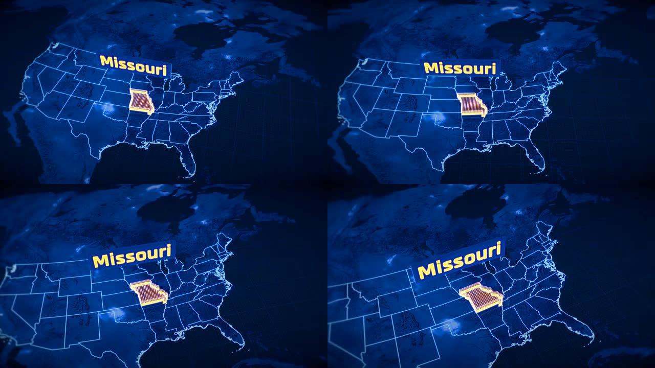 美国密苏里州边界3D可视化，现代地图轮廓，旅行