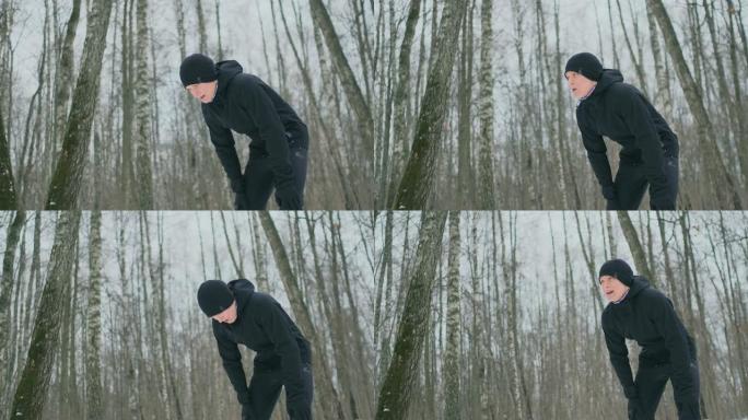 一个年轻人在冬天的森林里慢跑，累了，停下来喘口气。他恢复了体力，克服了乏力，继续奔跑。坚持不懈，克服