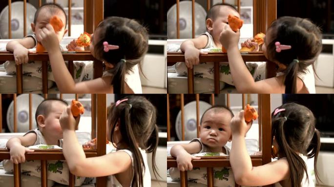 亚洲可爱小妹妹家庭与新生男婴哥哥玩耍