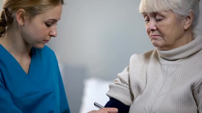 治疗师测量老悲伤女人的血压，健康问题，特写