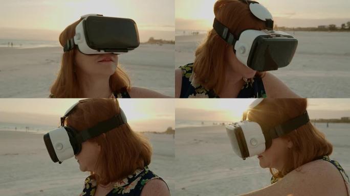 3d虚拟现实谷歌耳机日落佛罗里达海滩高级女性