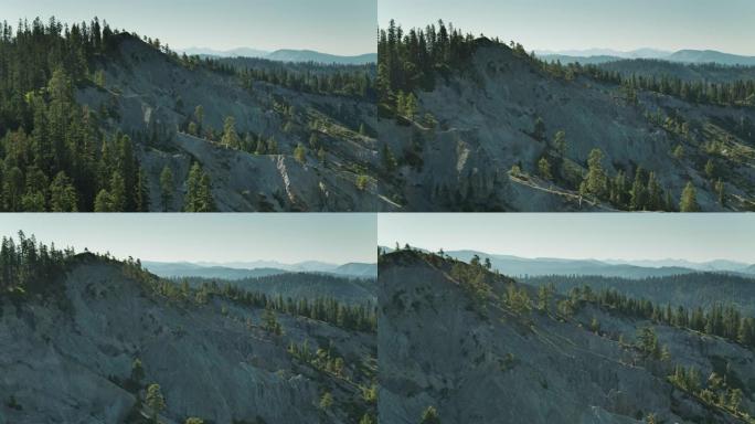 夏季早晨，在Sierras上裸露的山腰和森林-无人机拍摄