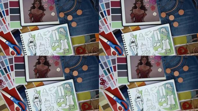 时装设计师和裁缝的办公表，处理衣服、平板电脑、样品/服装业务概念的草图