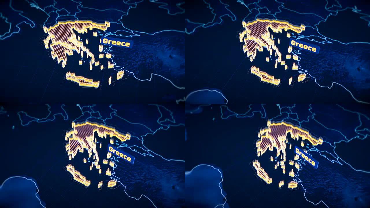 希腊国家边界3D可视化，现代地图轮廓，旅行