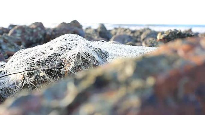高清多莉: 渔网和碎片被冲上海滩。