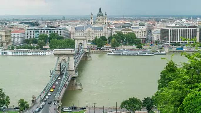 鸟瞰，人群和车辆穿越链桥，布达佩斯