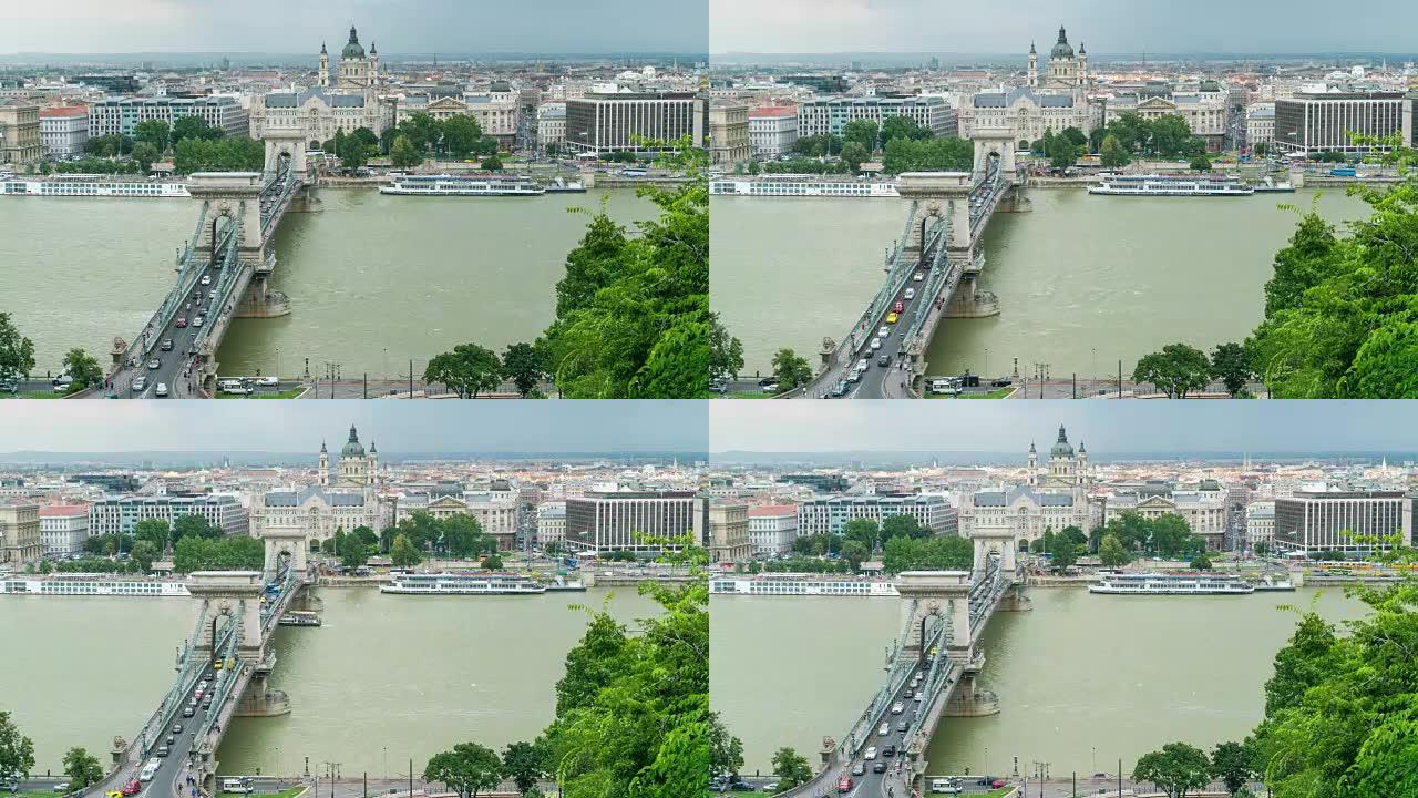 鸟瞰，人群和车辆穿越链桥，布达佩斯