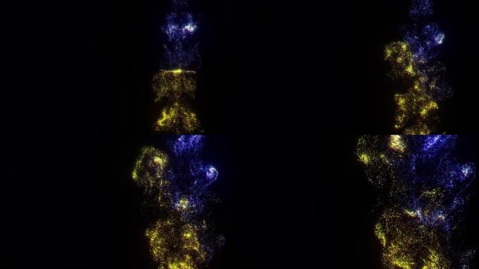 粒子墨水黄色和蓝色碰撞与慢动作拍摄的黑色背景上的闪烁