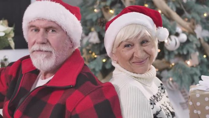 幸福的成熟白人夫妇的特写脸背靠背坐着，看着相机，微笑着。圣诞节，除夕，永恒的爱情，节日。电影院4k 